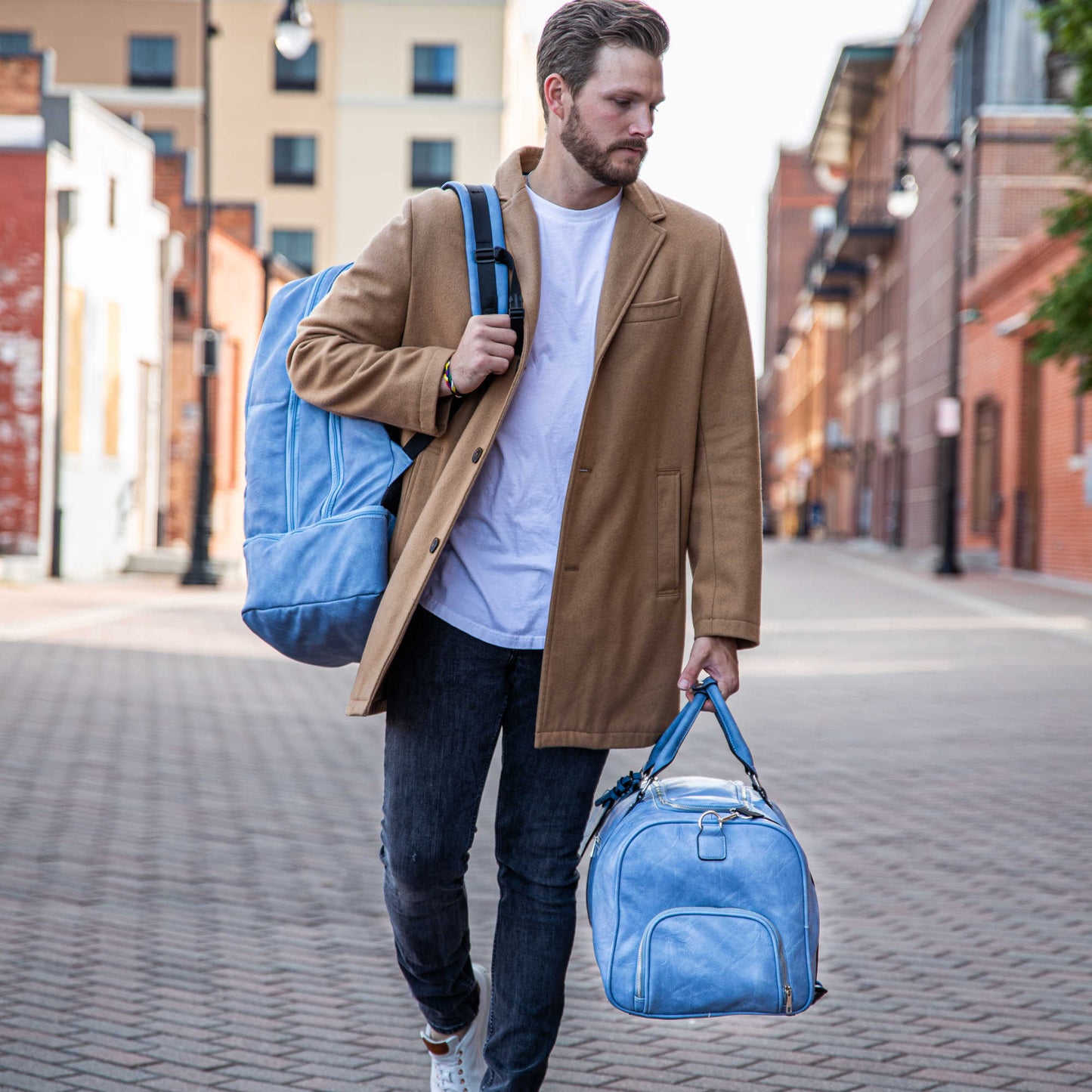 Baby Blue Leather Patented Carry-On Backpack