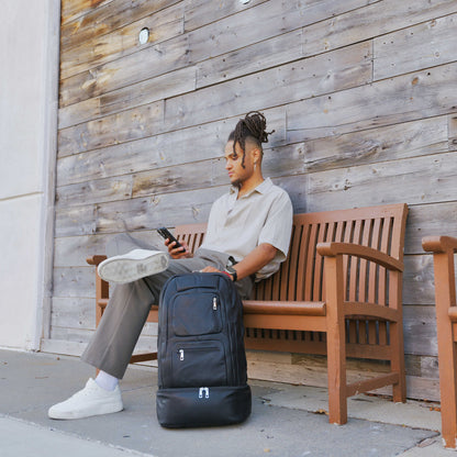 Black Leather Patented Carry On Backpack