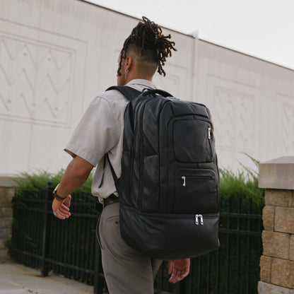 Black Leather Patented Carry On Backpack