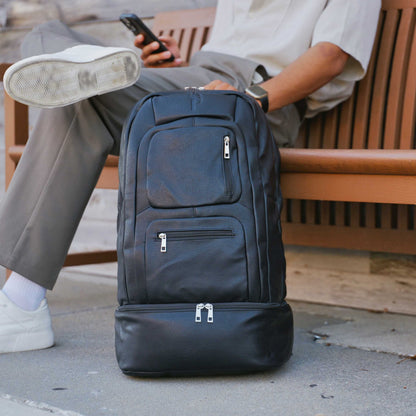 Black Leather Patented Carry On Backpack