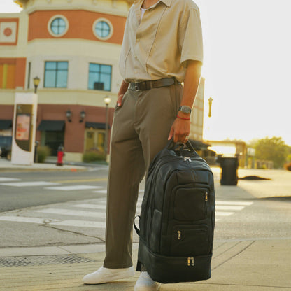 Black Leather Patented Carry On Backpack