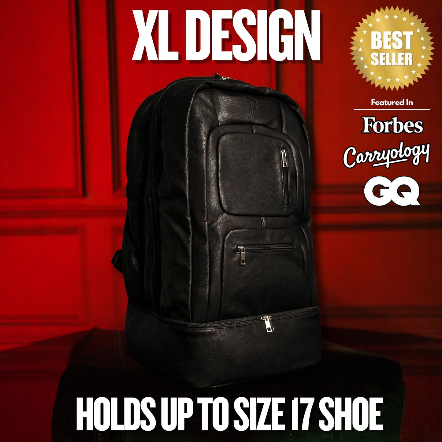 Black Leather Patented Carry On Backpack