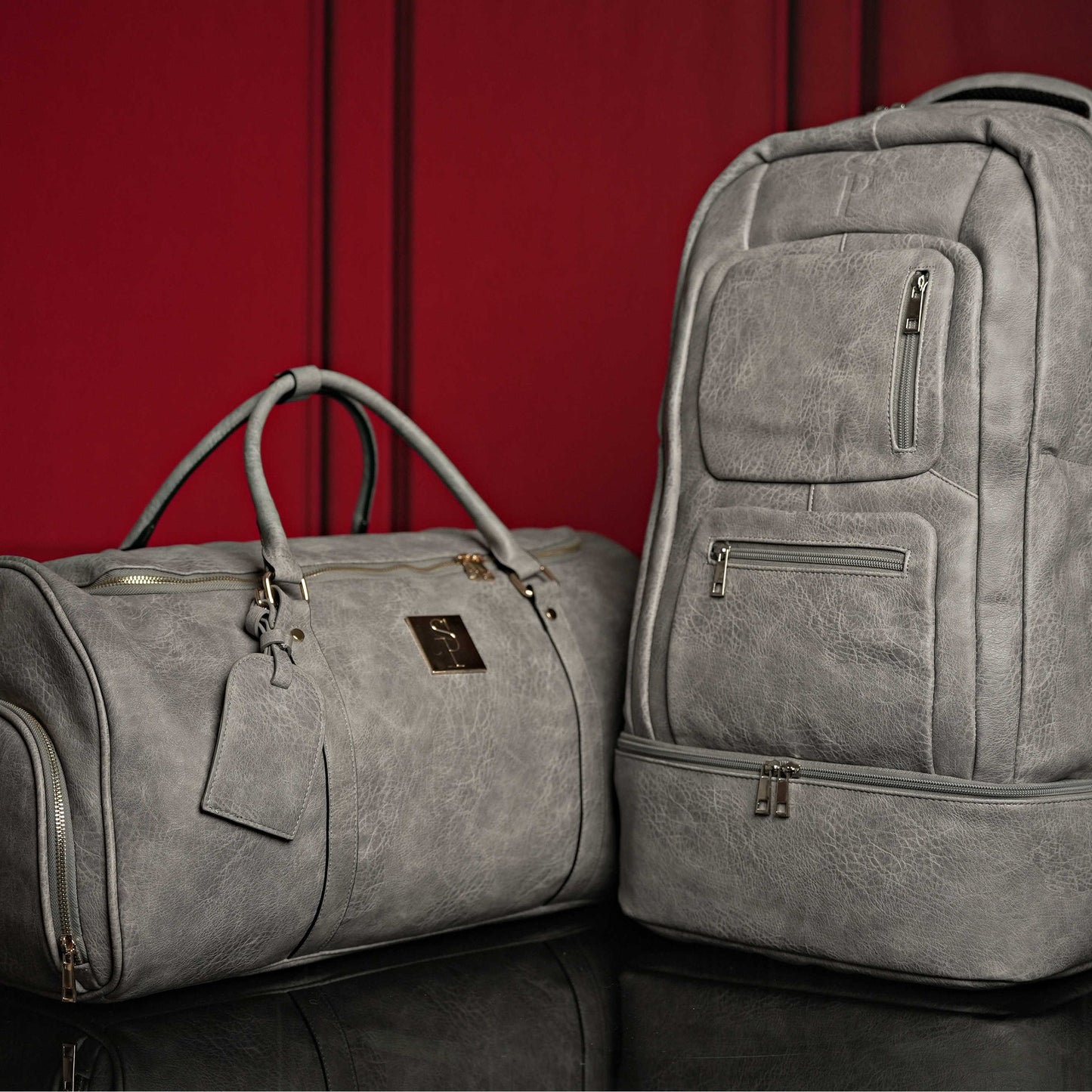 Grey Tumbled Leather Signature Bag Set