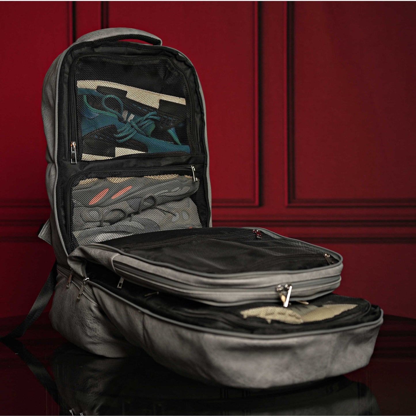 Grey Leather Carry-On Patented Backpack