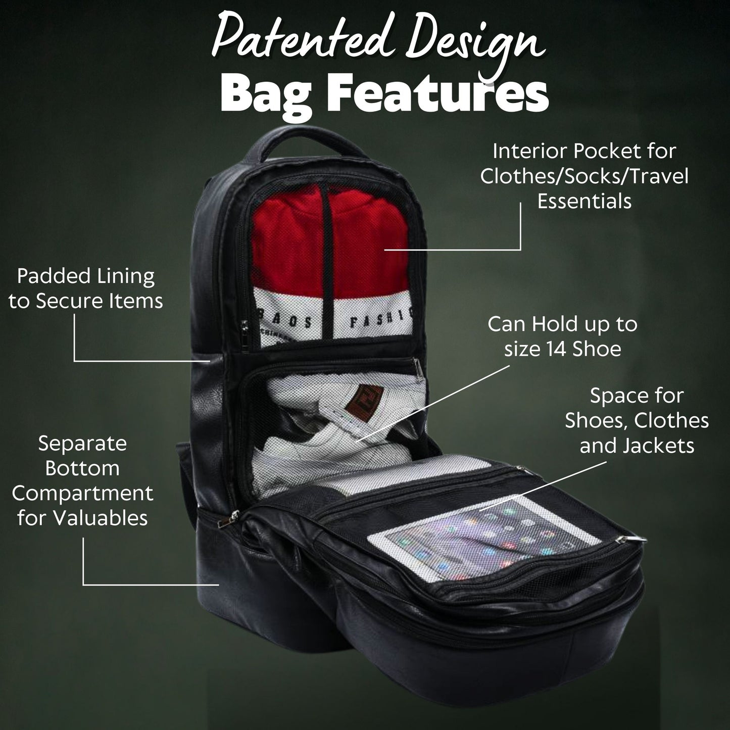 Black Leather Patented Carry On Backpack