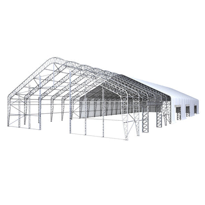 W70'xL200'xH32' Double Truss Storage Shelter, Reinforced Series with 4 Side Doors